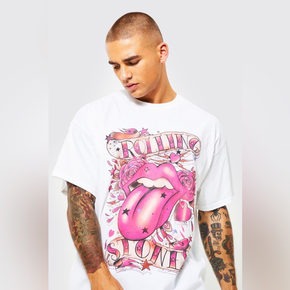 Oversized White Rolling Stones Tee with Pink Graphic